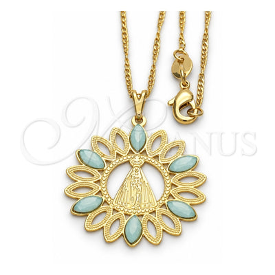 Oro Laminado Pendant Necklace, Gold Filled Style Caridad del Cobre Design, with Aquamarine Opal, Polished, Golden Finish, 04.09.0055.2.18 (0.50 Gauge, 18 Inches Length)