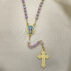 Oro Laminado Thin Rosary, Gold Filled Style Medalla Milagrosa and Cross Design, with Lavender Crystal, Polished, Golden Finish, 09.02.0025.18
