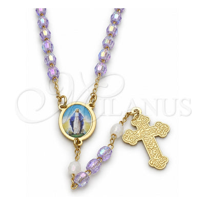 Oro Laminado Thin Rosary, Gold Filled Style Medalla Milagrosa and Cross Design, with Lavender Crystal, Polished, Golden Finish, 09.02.0025.18