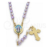 Oro Laminado Thin Rosary, Gold Filled Style Medalla Milagrosa and Cross Design, with Lavender Crystal, Polished, Golden Finish, 09.02.0025.18