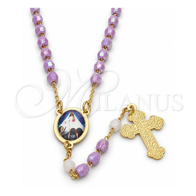 Oro Laminado Thin Rosary, Gold Filled Style Caridad del Cobre and Cross Design, with Lavender and White Crystal, Polished, Golden Finish, 09.02.0026.18