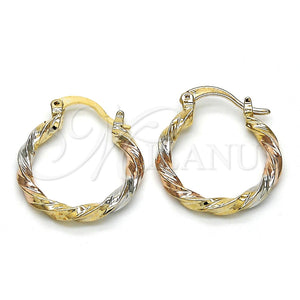Gold Filled Hoop Earrings — Small Hoop Twist Design Diamond Cutting Tricolor 02.65. — main product view — SKU 115377 | Oro Laminado aretes de aro — Small Hoop Twist diseño Diamond Cutting Tricolor 02.65. — SKU 115377