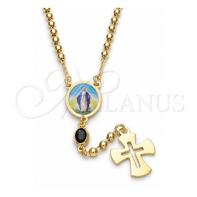 Oro Laminado Thin Rosary, Gold Filled Style Medalla Milagrosa and Cross Design, with Black Azavache, Polished, Golden Finish, 09.02.0032.18