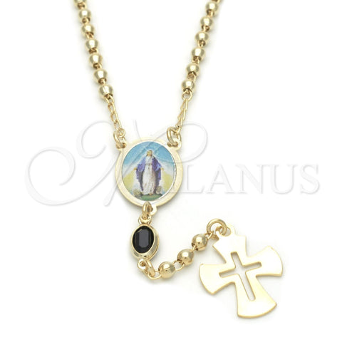 Oro Laminado Thin Rosary, Gold Filled Style Medalla Milagrosa and Cross Design, with Black Azavache, Polished, Golden Finish, 09.02.0032.18