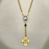 Oro Laminado Thin Rosary, Gold Filled Style Caridad del Cobre and Cross Design, with Black Azavache, Polished, Golden Finish, 09.02.0033.18