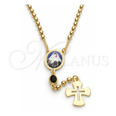 Oro Laminado Thin Rosary, Gold Filled Style Caridad del Cobre and Cross Design, with Black Azavache, Polished, Golden Finish, 09.02.0033.18