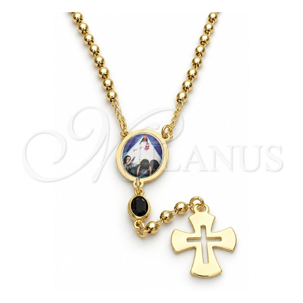 Oro Laminado Thin Rosary, Gold Filled Style Caridad del Cobre and Cross Design, with Black Azavache, Polished, Golden Finish, 09.02.0033.18