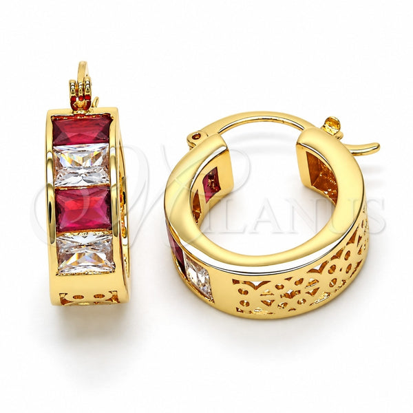 Oro Laminado Small Hoop, Gold Filled Style with Ruby and White Cubic Zirconia, Polished, Golden Finish, 02.185.0001.8.20