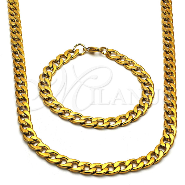 Stainless Steel Necklace and Bracelet, Curb Design, Polished, Golden Finish, 06.256.0008