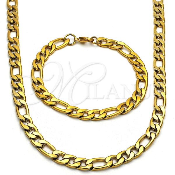 Stainless Steel Necklace and Bracelet, Figaro Design, Polished, Golden Finish, 06.256.0010