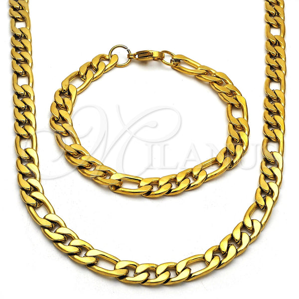 Stainless Steel Necklace and Bracelet, Figaro Design, Polished, Golden Finish, 06.256.0011