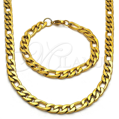 Stainless Steel Necklace and Bracelet, Figaro Design, Polished, Golden Finish, 06.256.0011