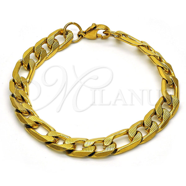Stainless Steel Basic Bracelet, Figaro Design, Polished, Golden Finish, 03.256.0022.08 (230 Gauge, 09 MM Thickness, 8 Inches Length)