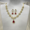 Oro Laminado Necklace and Earring, Gold Filled Style Teardrop and Flower Design, with Garnet and White Cubic Zirconia, Polished, Golden Finish, 06.205.0024.1