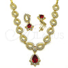 Oro Laminado Necklace and Earring, Gold Filled Style Teardrop and Flower Design, with Garnet and White Cubic Zirconia, Polished, Golden Finish, 06.205.0024.1