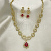 Oro Laminado Necklace and Earring, Gold Filled Style Teardrop and Flower Design, with Garnet and White Cubic Zirconia, Polished, Golden Finish, 06.205.0024.1