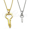 Stainless Steel Fancy Pendant, key and Love Design, with White Crystal, Polished, Two Tone, 05.294.0002