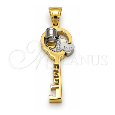 Stainless Steel Fancy Pendant, key and Heart Design, with White Crystal, Polished, Golden Finish, 05.294.0006