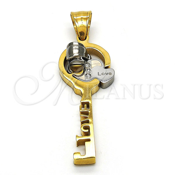 Stainless Steel Fancy Pendant, key and Heart Design, with White Crystal, Polished, Golden Finish, 05.294.0006