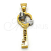 Stainless Steel Fancy Pendant, key and Heart Design, with White Crystal, Polished, Golden Finish, 05.294.0006