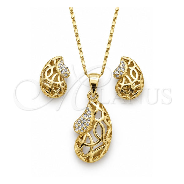 Oro Laminado Earring and Pendant Adult Set, Gold Filled Style with White Crystal, Polished, Golden Finish, 10.160.0087
