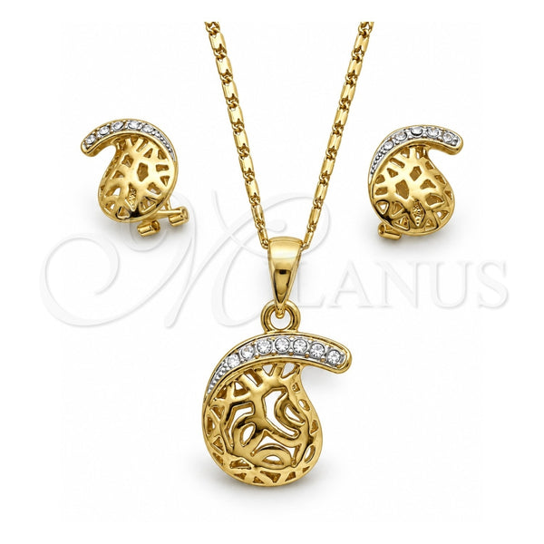 Oro Laminado Earring and Pendant Adult Set, Gold Filled Style with White Crystal, Polished, Golden Finish, 10.160.0092