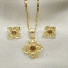 Oro Laminado Earring and Pendant Adult Set, Gold Filled Style Flower Design, with Coffee Crystal, Polished, Golden Finish, 10.160.0098