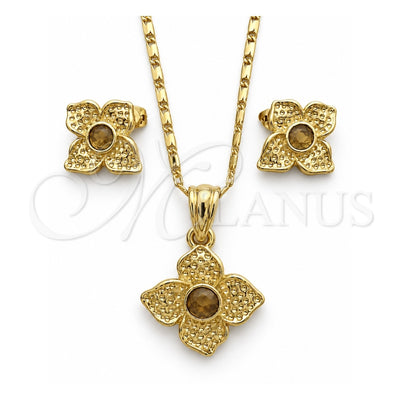 Oro Laminado Earring and Pendant Adult Set, Gold Filled Style Flower Design, with Coffee Crystal, Polished, Golden Finish, 10.160.0098