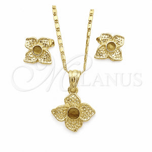 Oro Laminado Earring and Pendant Adult Set, Gold Filled Style Flower Design, with Coffee Crystal, Polished, Golden Finish, 10.160.0098