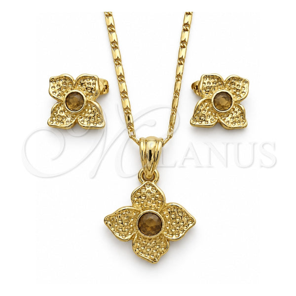 Oro Laminado Earring and Pendant Adult Set, Gold Filled Style Flower Design, with Coffee Crystal, Polished, Golden Finish, 10.160.0098
