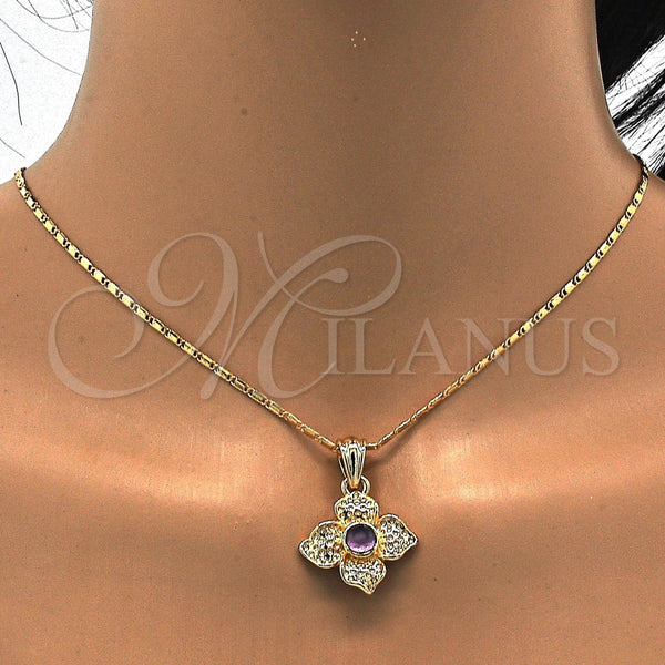 Oro Laminado Earring and Pendant Adult Set, Gold Filled Style Flower Design, with Amethyst Crystal, Polished, Golden Finish, 10.160.0098.1
