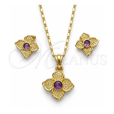Oro Laminado Earring and Pendant Adult Set, Gold Filled Style Flower Design, with Amethyst Crystal, Polished, Golden Finish, 10.160.0098.1