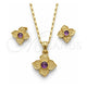 Oro Laminado Earring and Pendant Adult Set, Gold Filled Style Flower Design, with Amethyst Crystal, Polished, Golden Finish, 10.160.0098.1