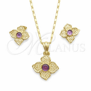Oro Laminado Earring and Pendant Adult Set, Gold Filled Style Flower Design, with Amethyst Crystal, Polished, Golden Finish, 10.160.0098.1