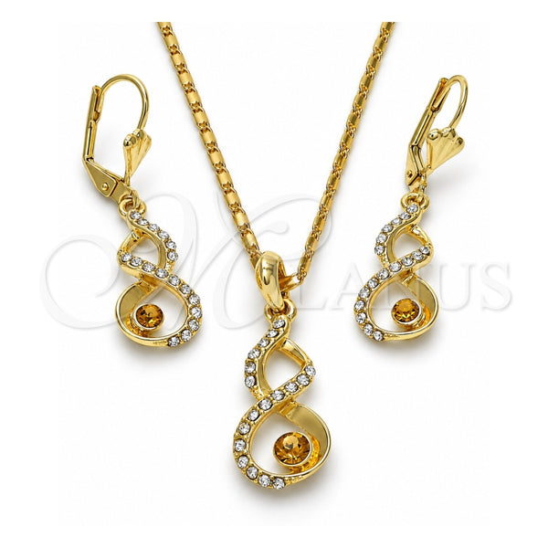 Oro Laminado Earring and Pendant Adult Set, Gold Filled Style with White and Dark Champagne Crystal, Polished, Golden Finish, 10.160.0106