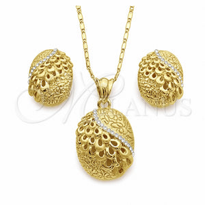 Oro Laminado Earring and Pendant Adult Set, Gold Filled Style with White Crystal, Polished, Golden Finish, 10.160.0115