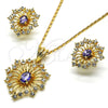 Oro Laminado Earring and Pendant Adult Set, Gold Filled Style with Amethyst and White Crystal, Polished, Golden Finish, 10.160.0122.2