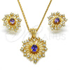 Oro Laminado Earring and Pendant Adult Set, Gold Filled Style with Amethyst and White Crystal, Polished, Golden Finish, 10.160.0122.2