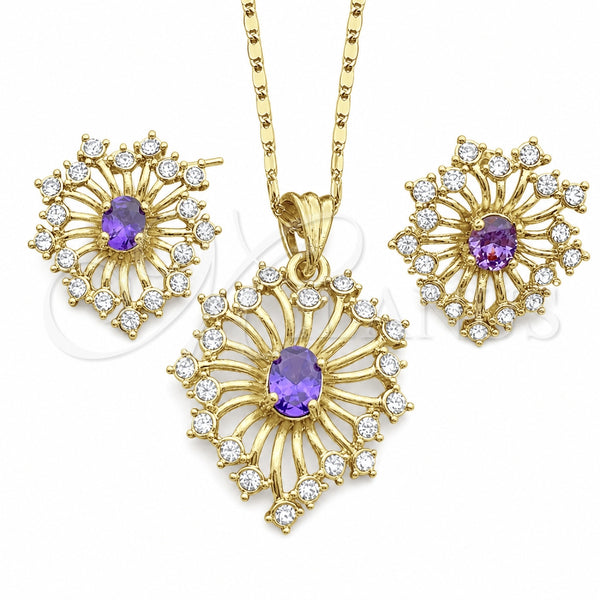 Oro Laminado Earring and Pendant Adult Set, Gold Filled Style with Amethyst and White Crystal, Polished, Golden Finish, 10.160.0122.2