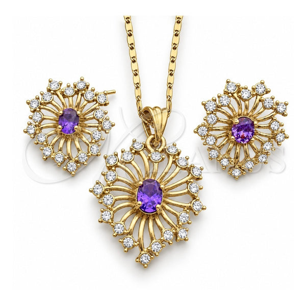 Oro Laminado Earring and Pendant Adult Set, Gold Filled Style with Amethyst and White Crystal, Polished, Golden Finish, 10.160.0122.2