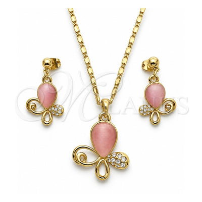 Oro Laminado Earring and Pendant Adult Set, Gold Filled Style Teardrop Design, with Pink and White Crystal, Polished, Golden Finish, 10.160.0137