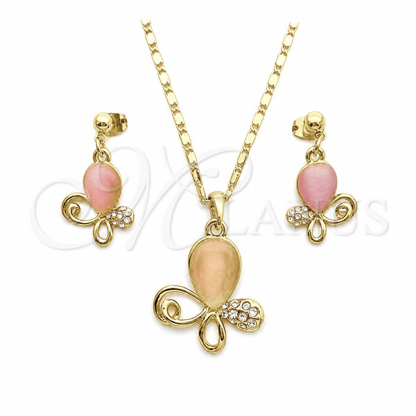 Oro Laminado Earring and Pendant Adult Set, Gold Filled Style Teardrop Design, with Pink and White Crystal, Polished, Golden Finish, 10.160.0137