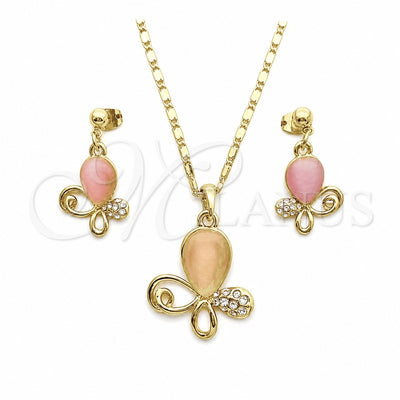 Oro Laminado Earring and Pendant Adult Set, Gold Filled Style Teardrop Design, with Pink and White Crystal for wholesale, main product view