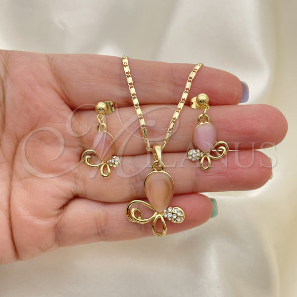 Oro Laminado Earring and Pendant Adult Set, Gold Filled Style Teardrop Design, with Pink and White Crystal, Polished, Golden Finish, 10.160.0137