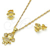 Oro Laminado Earring and Pendant Adult Set, Gold Filled Style Little Girl Design, with White Micro Pave, Polished, Golden Finish, 10.156.0073