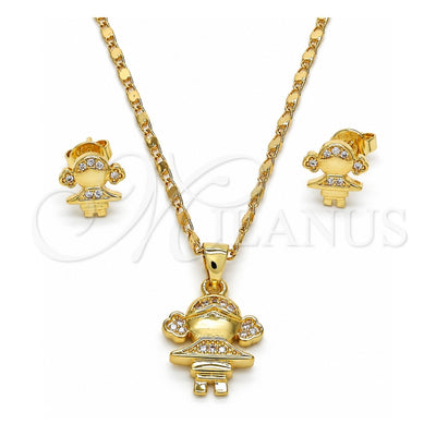 Oro Laminado Earring and Pendant Adult Set, Gold Filled Style Little Girl Design, with White Micro Pave, Polished, Golden Finish, 10.156.0073