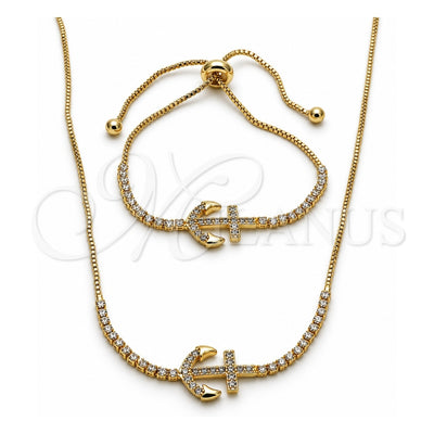 Oro Laminado Necklace and Bracelet, Gold Filled Style Anchor Design, with White Cubic Zirconia, Polished, Golden Finish, 06.221.0017