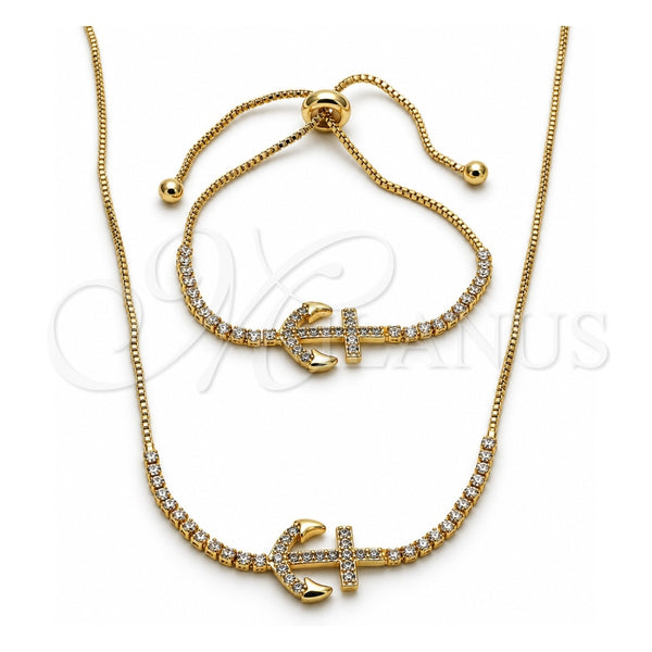 Oro Laminado Necklace and Bracelet, Gold Filled Style Anchor Design, with White Cubic Zirconia, Polished, Golden Finish, 06.221.0017