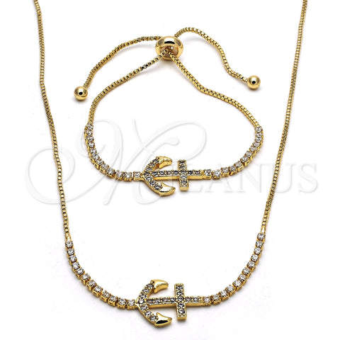 Oro Laminado Necklace and Bracelet, Gold Filled Style Anchor Design, with White Cubic Zirconia, Polished, Golden Finish, 06.221.0017