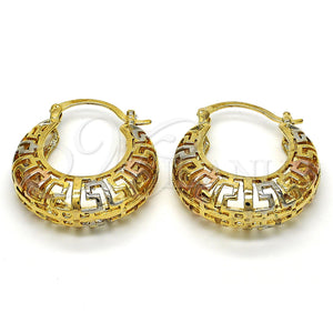 Gold Filled Hoop Earrings — Medium Hoop Greek Key Design Polished Tricolor 02. — main product view — SKU 115814 | Oro Laminado aretes de aro — Medium Hoop Greek Key diseño pulido Tricolor 02. — SKU 115814